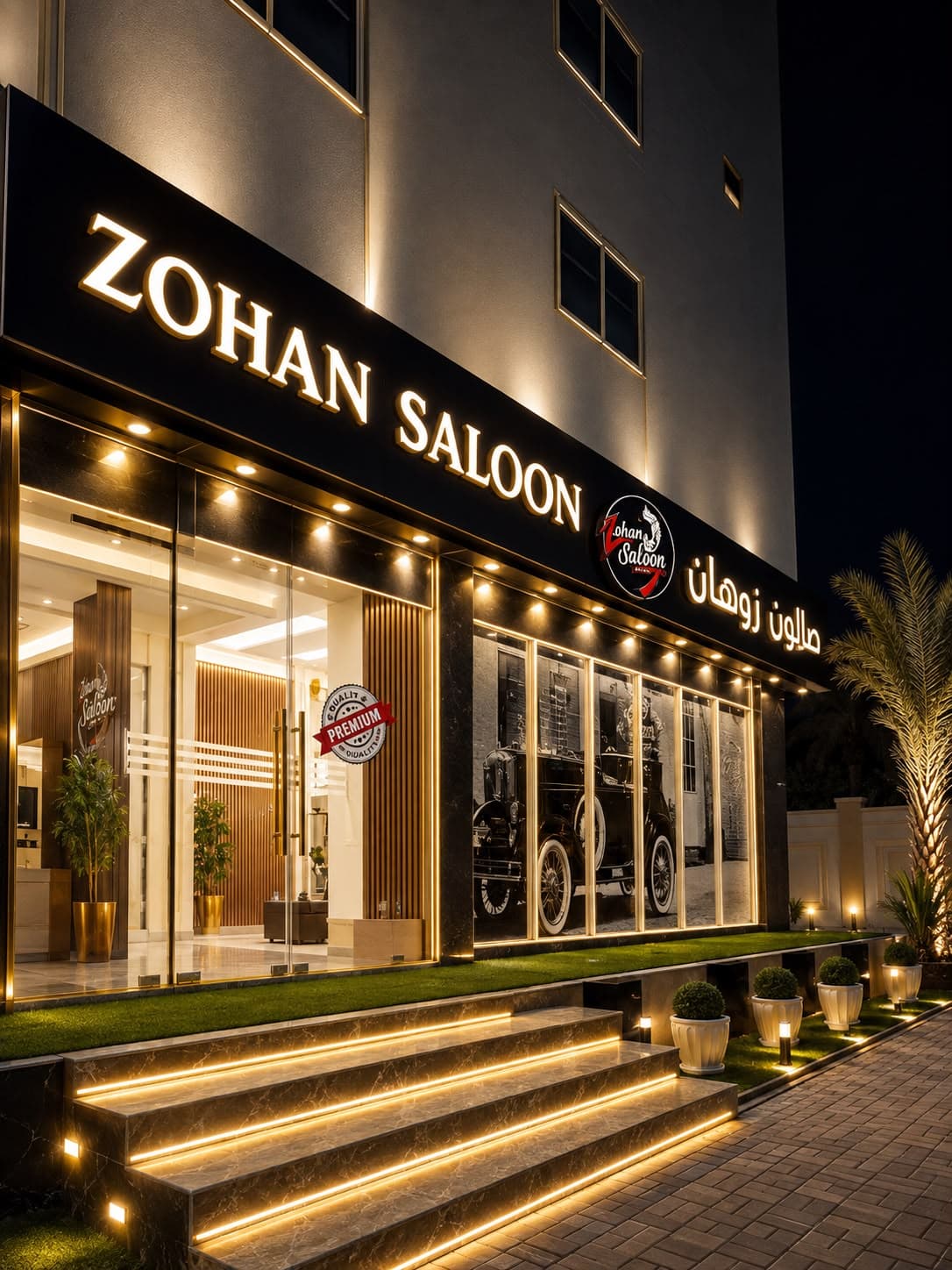Zohan Saloon illuminated storefront building at night in Masafi, Fujairah